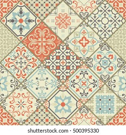 Seamless ceramic tile with colorful patchwork. Vintage multicolor pattern in Spanish style. Endless pattern can be used for ceramic tile, wallpaper, linoleum, textile, web page background