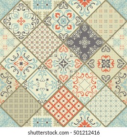 Seamless ceramic tile with colorful patchwork. Vintage multicolor pattern in Spanish style. Endless pattern can be used for ceramic tile, wallpaper, linoleum, textile, web page background