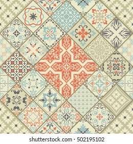 Seamless ceramic tile with colorful patchwork. Vintage multicolor pattern in Spanish style. Endless pattern can be used for ceramic tile, wallpaper, linoleum, textile, web page background