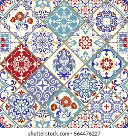 Azulejo cerâmico sem costura com patchwork colorido. Padrão multicolorido vintage em estilo turco. O padrão infinito pode ser usado para azulejos cerâmicos, papel de parede, linóleo, têxteis, fundo de página da web. vetor