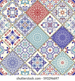 Seamless ceramic tile with colorful patchwork. Vintage multicolor pattern in turkish style. Endless pattern can be used for ceramic tile, wallpaper, linoleum, textile, web page background. Vector.