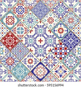 Seamless ceramic tile with colorful patchwork. Vintage multicolor pattern in turkish style. Endless pattern can be used for ceramic tile, wallpaper, linoleum, textile, web page background. Vector.