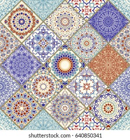 Seamless ceramic tile with colorful patchwork. Vintage multicolor pattern in turkish style. Endless pattern can be used for ceramic tile, wallpaper, linoleum, textile, web page background. Vector.