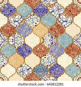 Seamless ceramic tile with colorful patchwork. Vintage multicolor pattern in turkish style. Endless pattern can be used for ceramic tile, wallpaper, linoleum, textile, web page background. Vector