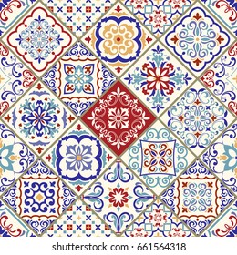 Seamless ceramic tile with colorful patchwork. Vintage multicolor pattern in turkish style. Endless pattern can be used for ceramic tile, wallpaper, linoleum, textile, web page background. Vector.