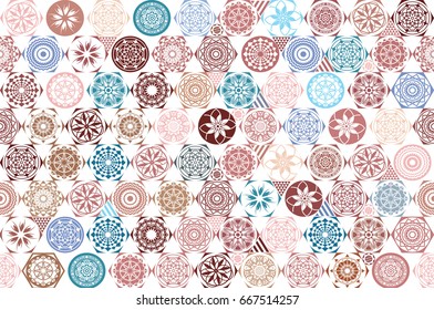 Seamless ceramic tile with colorful patchwork. Vintage multicolor pattern in turkish style. Endless pattern can be used for ceramic tile, wallpaper, linoleum, textile, web page background. Vector art