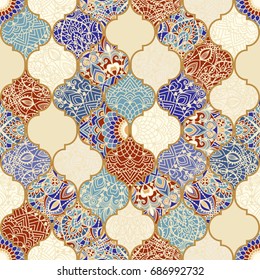 Seamless ceramic tile with colorful patchwork. Vintage multicolor pattern in turkish style. Endless pattern can be used for ceramic tile, wallpaper, linoleum, textile, web page background. Vector