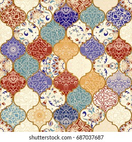 Seamless ceramic tile with colorful patchwork. Vintage multicolor pattern in turkish style. Endless pattern can be used for ceramic tile, wallpaper, linoleum, textile, web page background. Vector