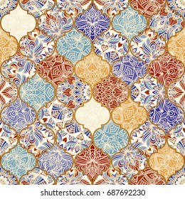 Seamless ceramic tile with colorful patchwork. Vintage multicolor pattern in turkish style. Endless pattern can be used for ceramic tile, wallpaper, linoleum, textile, web page background. Vector