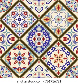 Seamless ceramic tile with colorful patchwork. Vintage multicolor pattern in turkish style. Hand drawn background. Islam, Arabic, Indian, ottoman motifs