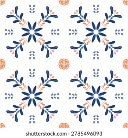 Seamless ceramic tile pattern in cobalt blue and orange. Mediterranean portuguese azulejo design with hand-drawn floral ornaments on white background.
Classic blue and white pottery style backdrop with orange flower accents for fabric, textile, and wallpaper.
