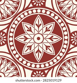 Seamless ceramic tile vector pattern, traditional Mediterranean floral circular medallion ornament in terracotta red and cream