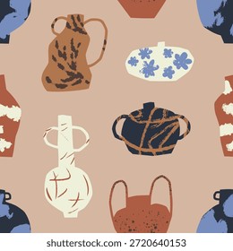 Patrón de cerámica sin costuras. Jarrones de cerámica hechos a mano, ollas, cerámica con Formas irregulares, texturas ásperas, diseño de fondo interminable, impresión para Fondo de pantalla, envoltura, textil. Ilustración vectorial plana
