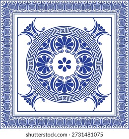 Seamless cerulean pattern tiles. Cerulean ethnic background. Greek key meanders ornaments. Typical egyptian, assyrian, greek motives. For tile, embroidery, porcelain, ceramic, plate, ceramic. 