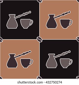 Seamless cezve and coffee cups background. Vector illustration
