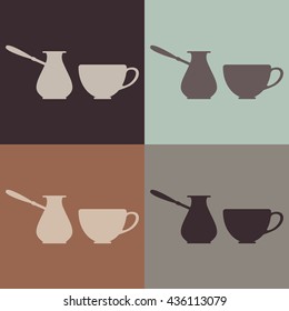 Seamless cezve and coffee cups background. Vector illustration