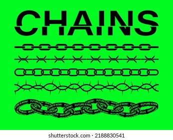 Seamless chain, barbed wire, thorn bush pattern, 3D trendy art chains for merch, t-shirt apparel. Set of seamless chains patterns. Art patterns isolated on acid background. Trendy elements 90s. Vector