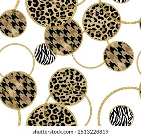 Patrón barroco de cadena sin costuras con pata de gallo a cuadros, tigre, cebra y Elementos de fondo de piel de leopardo en anillo redondo de arte dibujado a mano en colores marrón y negro
