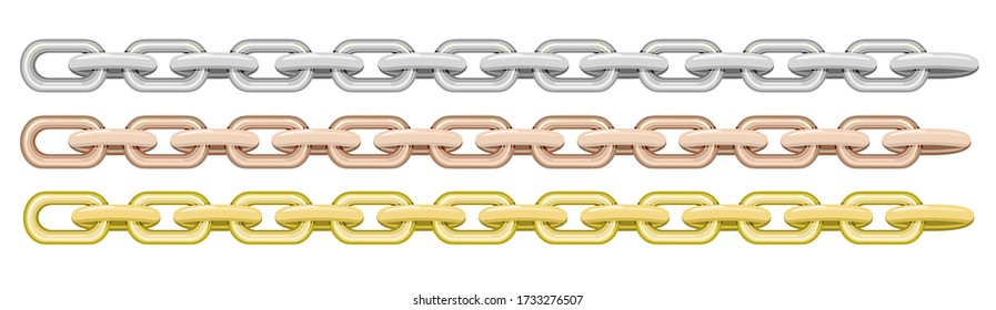Bordes de cadena impecables. Elementos de cadenas de oro y plata, objetos vectores de oro y joyas de plata interminables para collares y cadenas aislados sobre fondo blanco