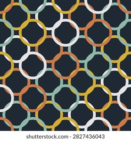 Seamless chain pattern with interlocking rings in gold silver and copper on slate, elegant link background