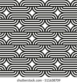 Seamless chain pattern on white background of rounded shapes forming square area. Endless striped monochrome background with winding elements. Geometric graphic texture. Vector