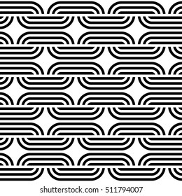 Seamless chain pattern on white background of rounded shapes forming square area. Endless striped monochrome background with winding elements. Geometric graphic texture. Vector