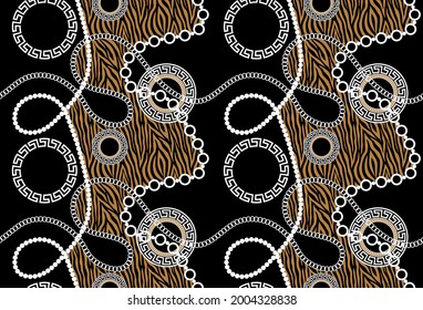 Seamless chain with zebra pattern on a black background. EPS10 Illustration.