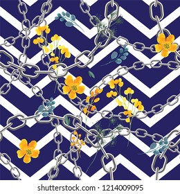 Seamless Chains pattern. watercolor flowers print.