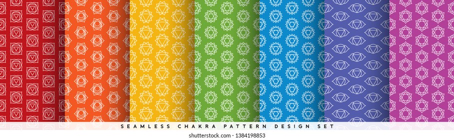 Seamless chakra pattern design set - collection of white line chakra icon patterns with matching color backgrounds