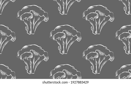 Seamless chalk broccoli pattern on gray background. Hand drawn. Flat design. Vector illustration.