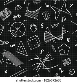 Seamless chalk doodle pattern with school algebra elements. Pattern with mathematical objects, charts and graphs on checkered notebook sheet. Vector background.