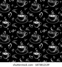 seamless chalk drawn coffee, tea pattern isolated on black chalkboard. chalky coffee cups endless background with lettering on blackboard. sketch doodle style vector illustration. hot drinks template