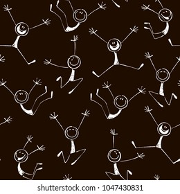 Seamless chalk drawn pattern from stick figures.Vector texture