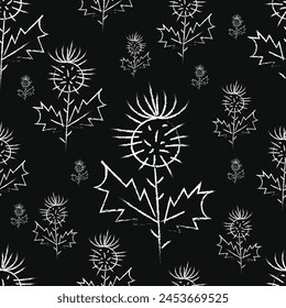 Seamless chalk hand drawn floral pattern on isolated black background. Minimalist chalk clear lines in doodle style. For wrapping paper, wallpaper, floral design.