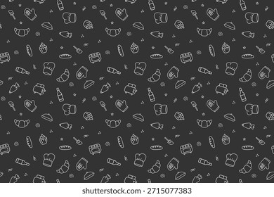 Patrón de estilo de tiza sin fisuras de iconos de cocina y panadería dibujados a mano en una pizarra oscura
