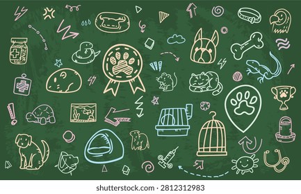A seamless chalkboard pattern filled with exotic wildlife reptile husbandry, aviary bird cages, and domestic companion accessory doodles.