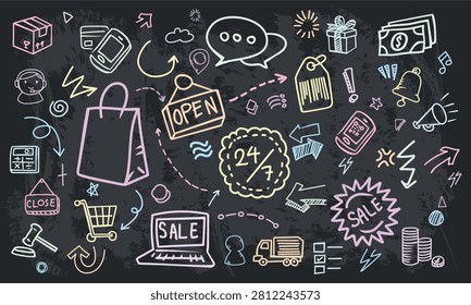 A seamless chalkboard pattern of twenty four seven customer helpline services, global shipment, and online checkout doodles.