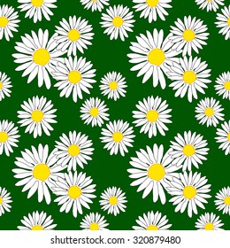 Seamless chamomile vector pattern. Floral textile design collection. Flowers on green. Backgrounds & textures shop.