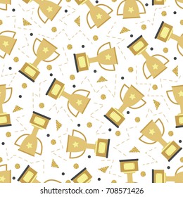 seamless champion win prize with gold trophy cup and geometric glitter pattern on white background