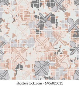 Seamless chaos consisting of drawn kitchen utensils scattered on an abstract background. Editable.
