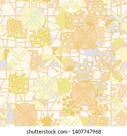 Seamless chaos consisting of drawn kitchen utensils scattered on an abstract background. Editable.