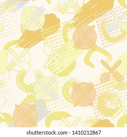Seamless chaos consisting of drawn kitchen utensils scattered on an abstract background. Editable.