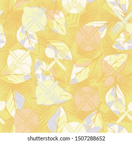 Seamless chaos consisting of drawn kitchen utensils scattered on an abstract background. Editable.