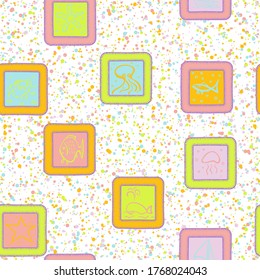Seamless chaos consisting of painted marine objects within scattered over an abstract background.