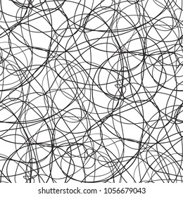 Seamless chaos pattern. Abstract texture. Chaotic lines. Intricate wallpaper. Hand drawn dinamic scrawls. Black and white illustration. Background with lines and waves. Universal texture. Art creation