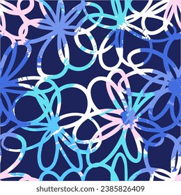 Seamless chaotic cute print with abstract flowers. Cool texture background. Wallpaper for girls. Fashion style pattern