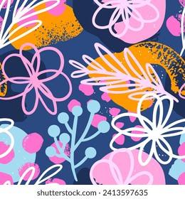 Seamless chaotic cute print with abstract flowers. Cool texture background. Wallpaper for girls. Fashion style pattern