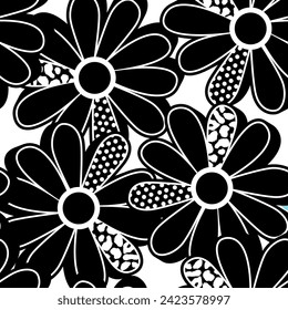 Seamless chaotic cute print with abstract flowers. Cool texture background. black and white wallpaper for girls. Fashion style pattern