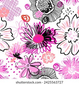 Seamless chaotic cute print with abstract flowers. Cool texture background. Wallpaper for girls. Fashion style pattern