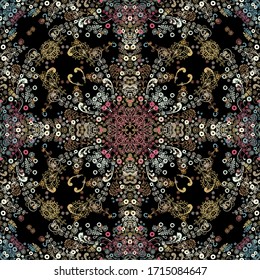 Seamless chaotic ditsy ornament on  dark background, oriental style